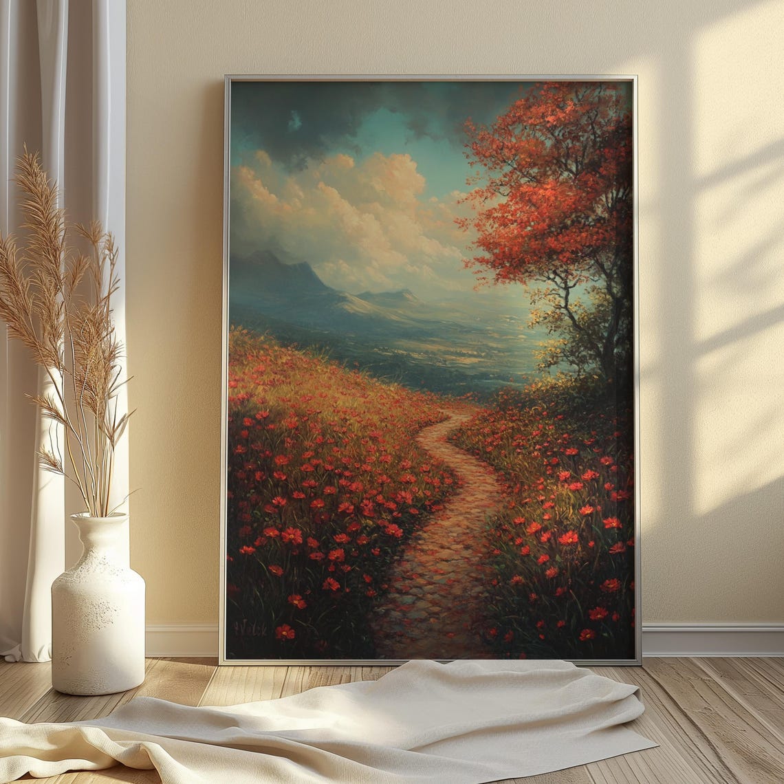 Red Wildflower Meadow Stone Path Mountain Valley Dramatic Sky Poster - Image 2