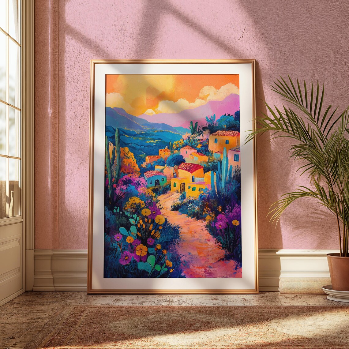 Mexican Village Sunset Hillside Houses Flowers Landscape Art Poster - Image 2