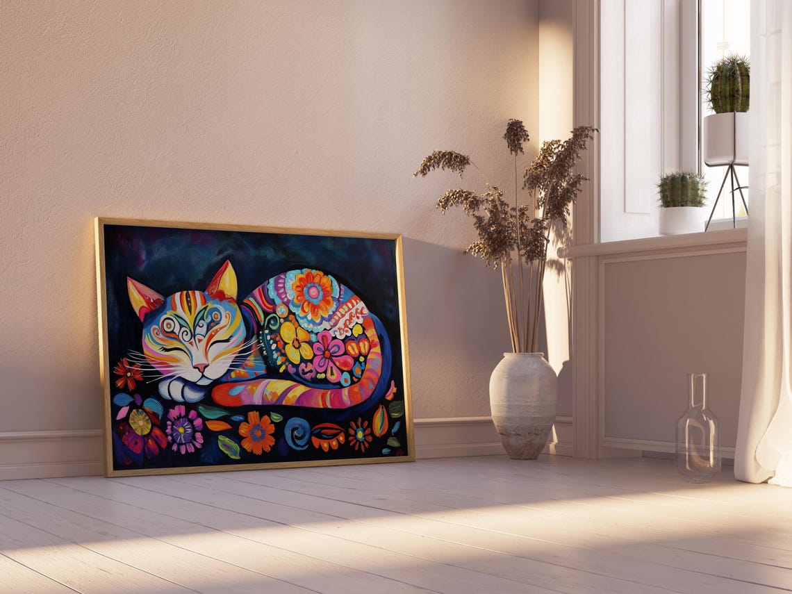 Sleeping Rainbow Floral Cat Peaceful Curled Night Garden Art Poster - Image 2
