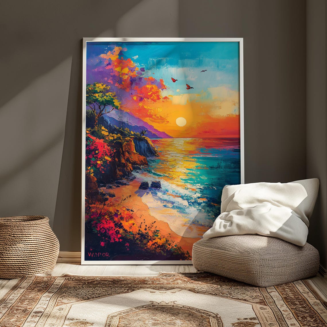 Coastal Sunset Rocky Cliffs Beach Birds Colorful Ocean Art Print - Image 3