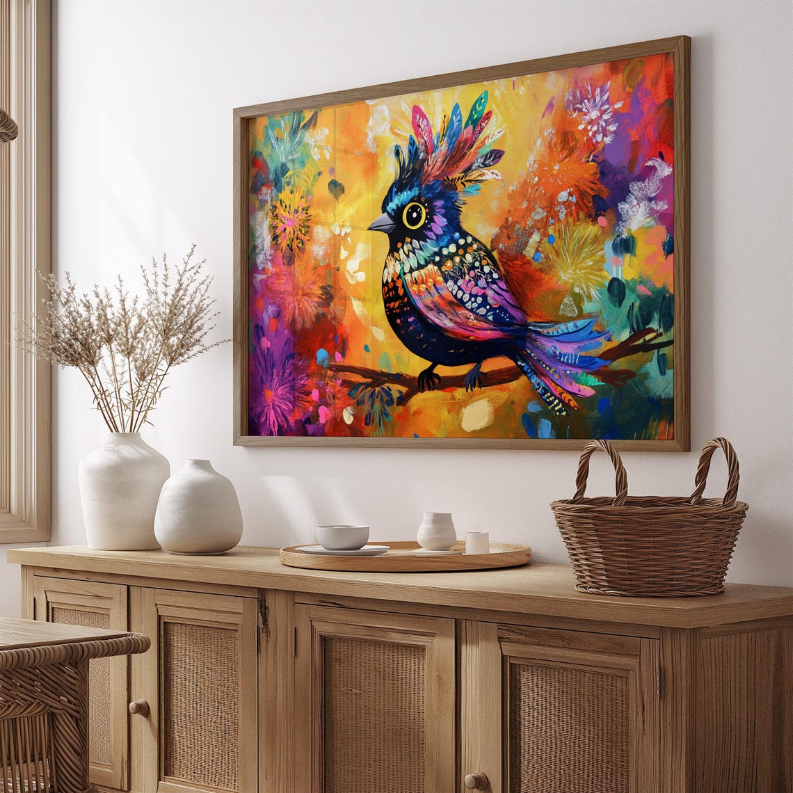 Midnight Crested Songbird Golden Eye Firework Bloom Art Print