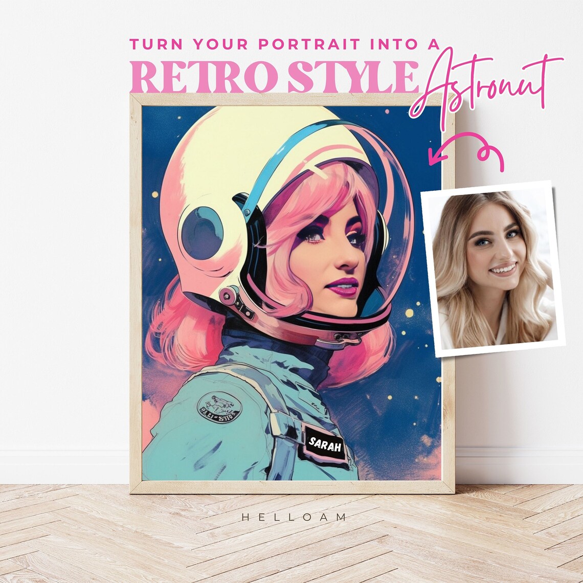 Custom Retro Style Astronaut Portrait From Photo Personalized Space Wall Art