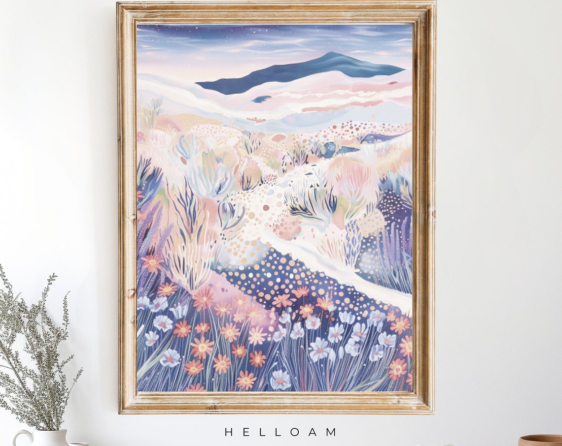 Pastel Wildflower Meadow Mountain Dusk Starry Night Landscape Print