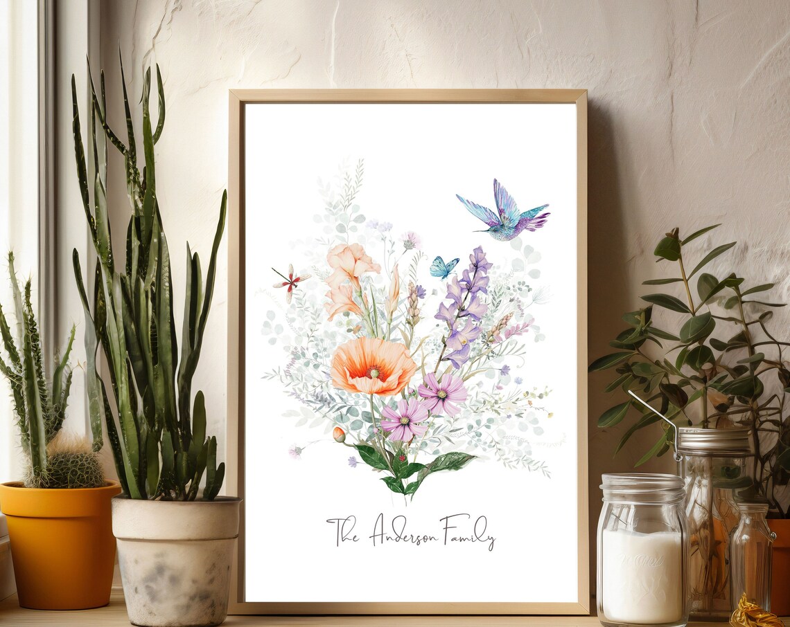 Custom Birth Flower Bouquet Art Print, Personalized Gift