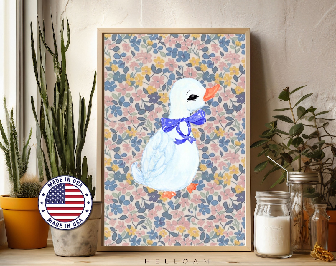 Cute White Goose Blue Ribbon Bow Pastel Floral Nursery Wall Poster