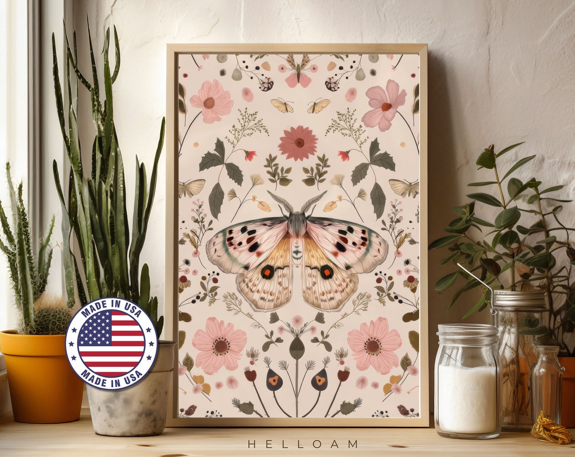 Blush Pink Moth Wildflowers Botanical Cottagecore Nursery Wall Print