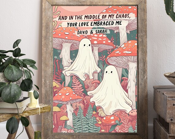 Personalized Ghost Couple Mushroom Forest Chaos Love Quote Wall Art