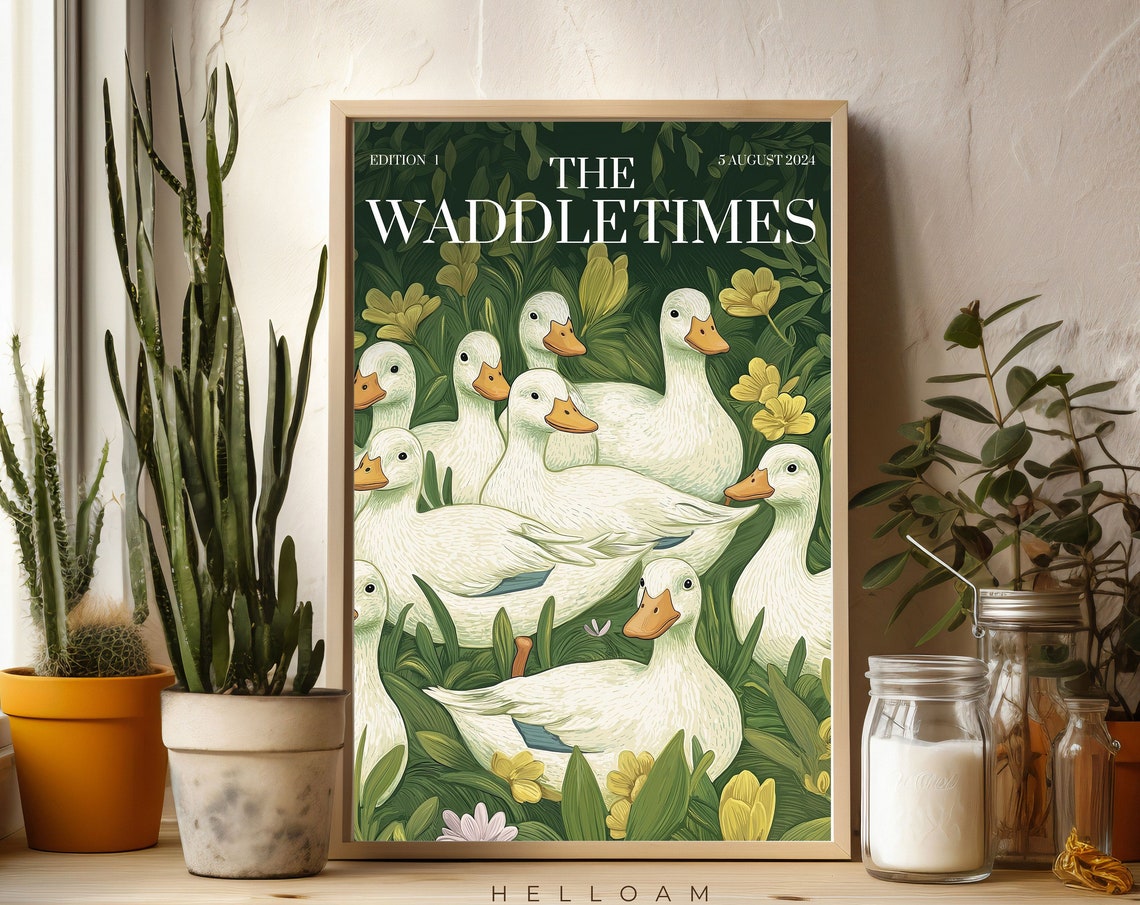 The Waddle Times White Ducks Newspaper Cute Garden Nursery Wall Poster