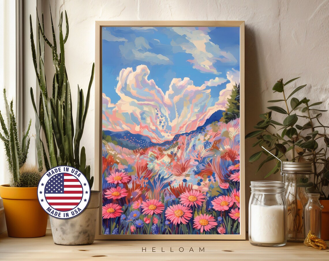 Western Botanical Sunset Art Print, Midcentury Retro