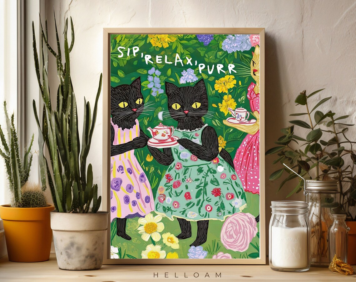 Sip Relax Purr Black Cats Garden Tea Party Floral Dress Cat Art Print