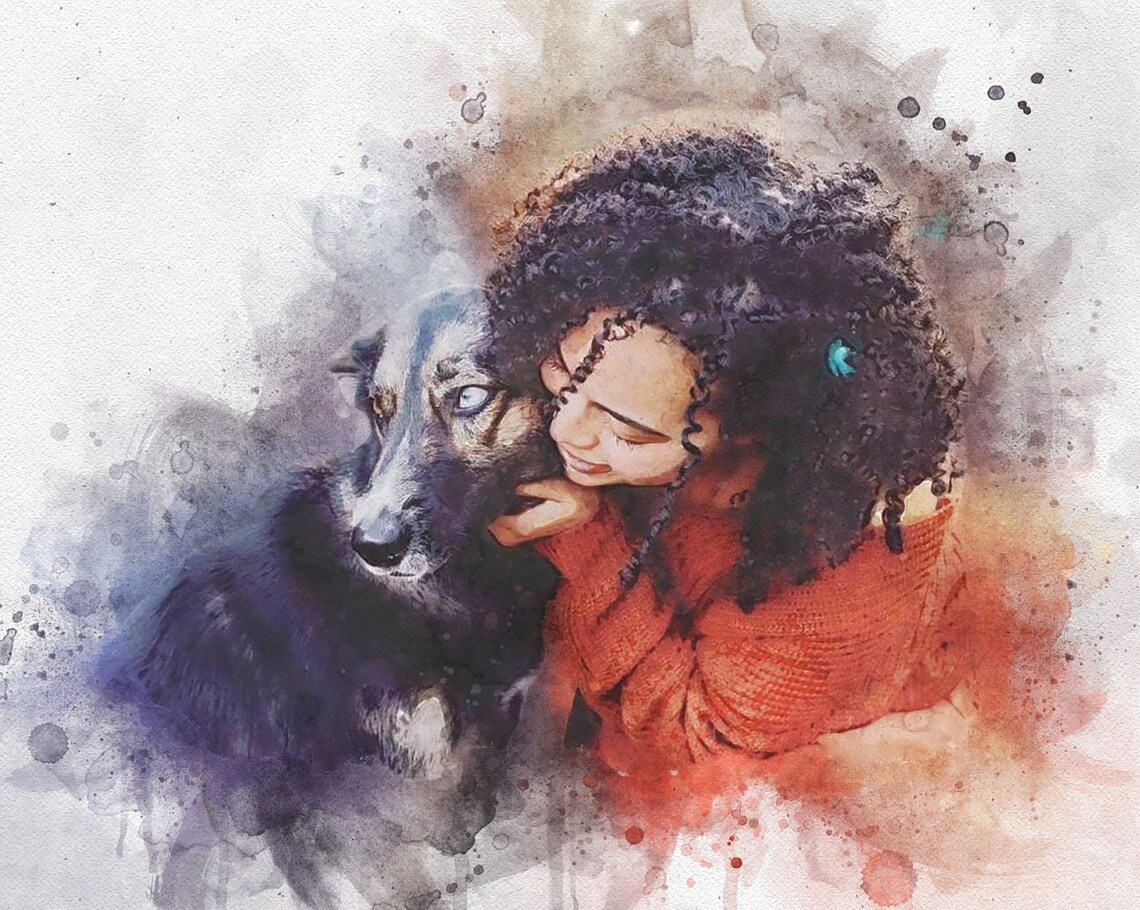 Custom Watercolor Woman And Husky Dog Embrace Portrait Painting Poster