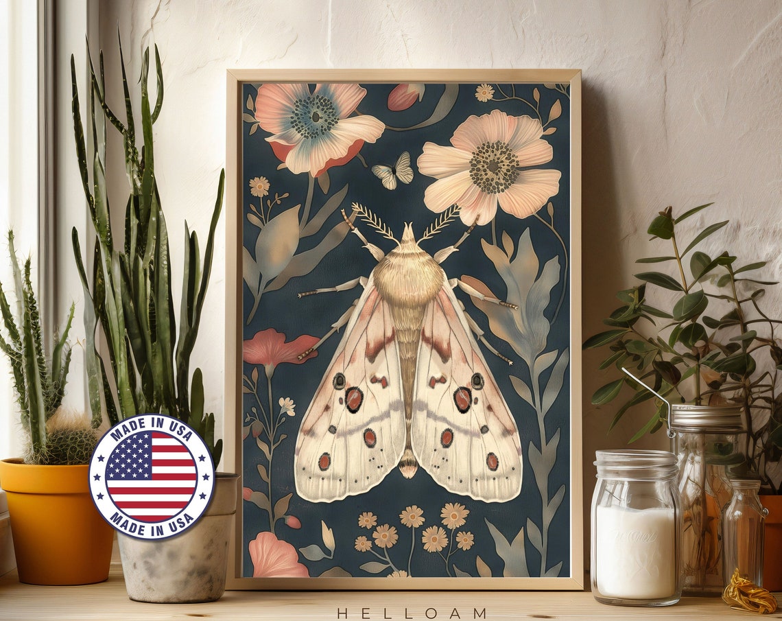 Vintage Moth Poppy Flowers Dark Navy Botanical Illustration Boho Print