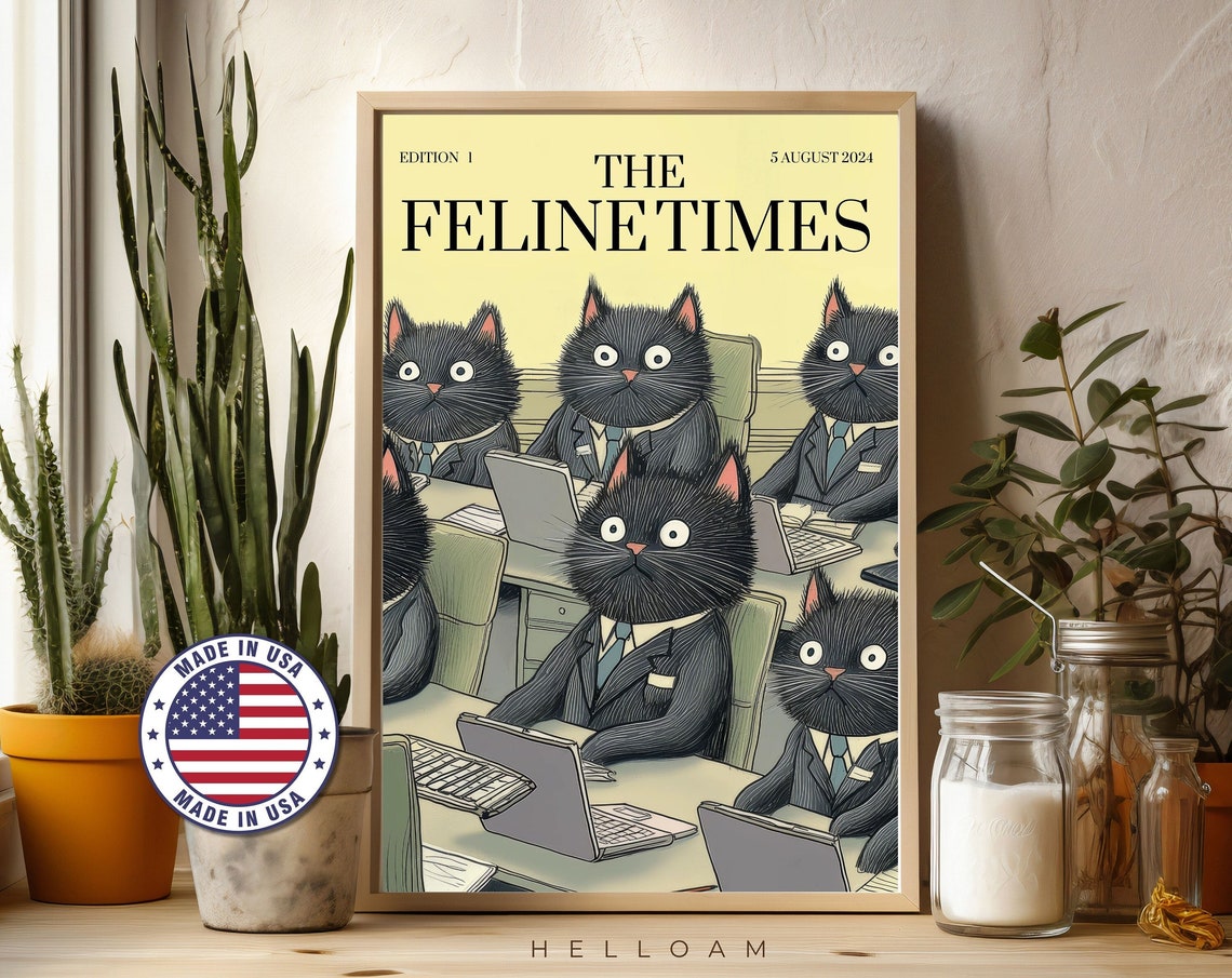 The Feline Times Black Cats Office Newspaper Funny Cat Lover Wall Art