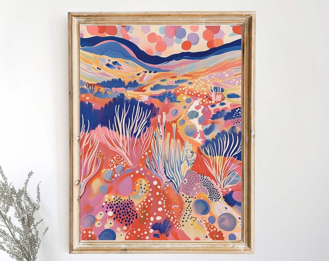 Vibrant Abstract Desert Coral Landscape Colorful Botanical Modern Wall Art