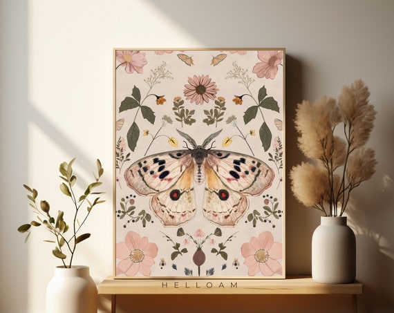 Moths And Poppy Flowers Botanical Illustrations Magic Art Print Boho Aesthetic Poppy Art Print Cottagecore Nature Print Moths All