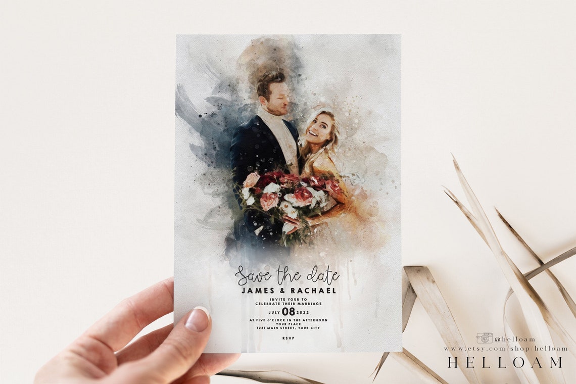 Custom Watercolor Save The Date Card Couple Portrait Wedding Poster - Image 3