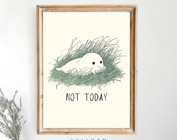 Cute Ghost Resting in Grass Not Today Funny Minimalist Ghost Wall Art