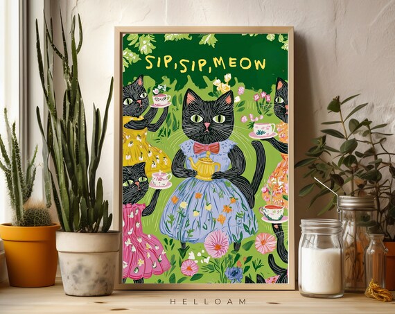 Sip Sip Meow Black Cats Tea Party Floral Dresses Cute Cat Lover Poster