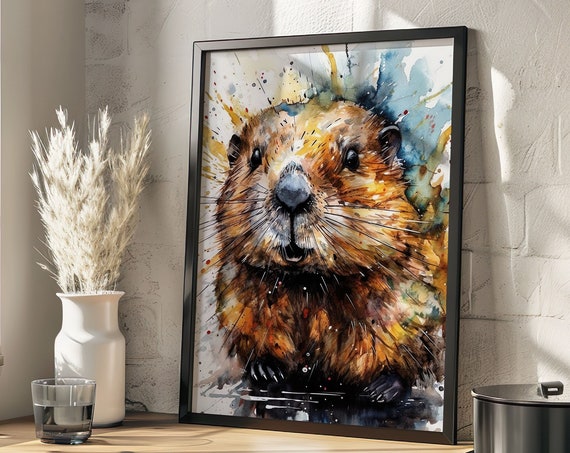 Beaver Painting Wall Art Poster Gift Watercolor Colorful Animal Painting Illustration Nature Wall Art Home Decor Print
