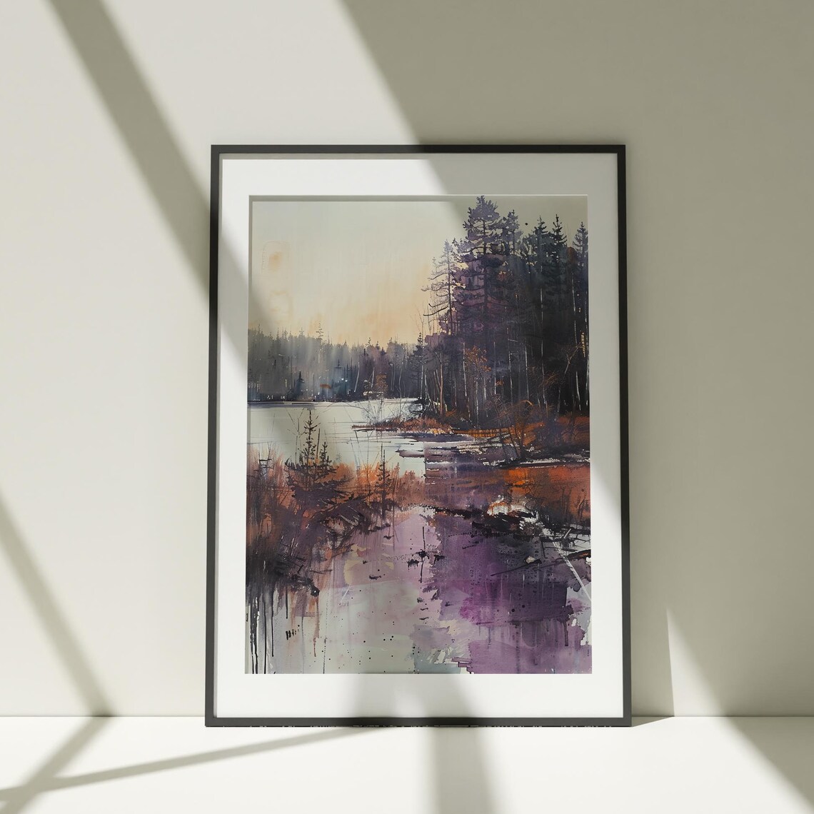 Moody Forest Lake Dusk Watercolor Purple Twilight Landscape Poster