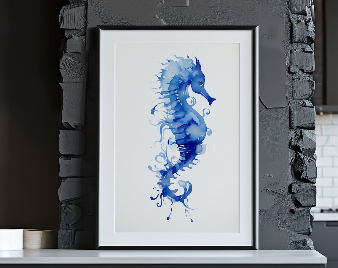 Blue Seahorse Watercolor Ocean Sea Creature Coastal Art Poster
