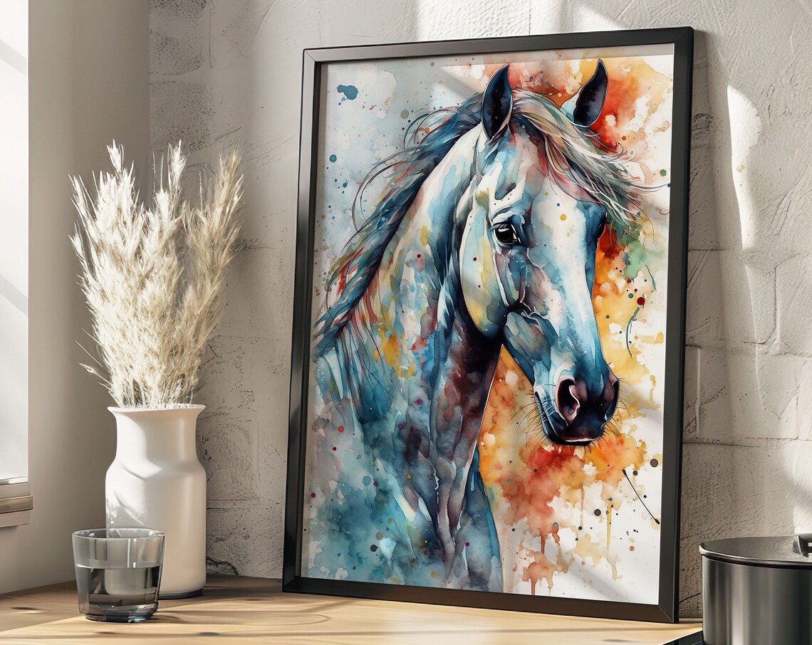 Blue Horse Watercolor Portrait Colorful Equine Animal Art Poster