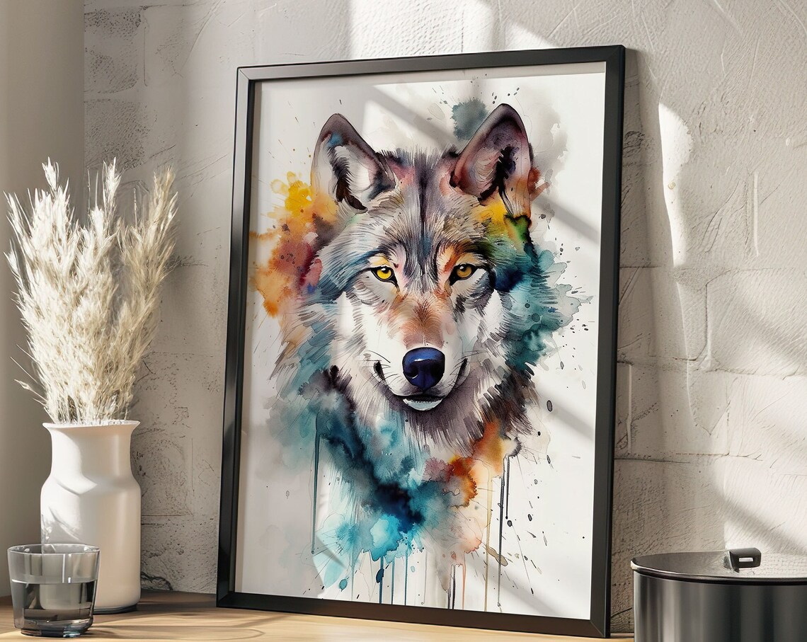 Colorful Wolf Watercolor Portrait Wild Animal Wildlife Poster