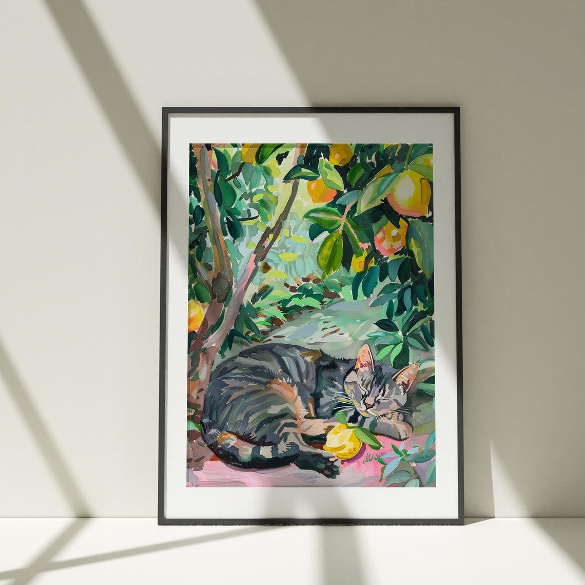 Sleeping Tabby Cat Lemon Grove Sunny Fruit Tree Painting Poster