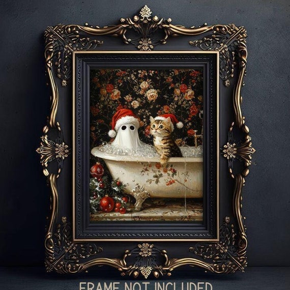 Ghost and Cat Christmas Bath Art Print, Whimsigoth