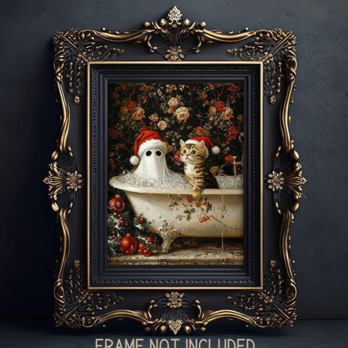 Ghost and Cat Christmas Bath Art Print, Whimsigoth