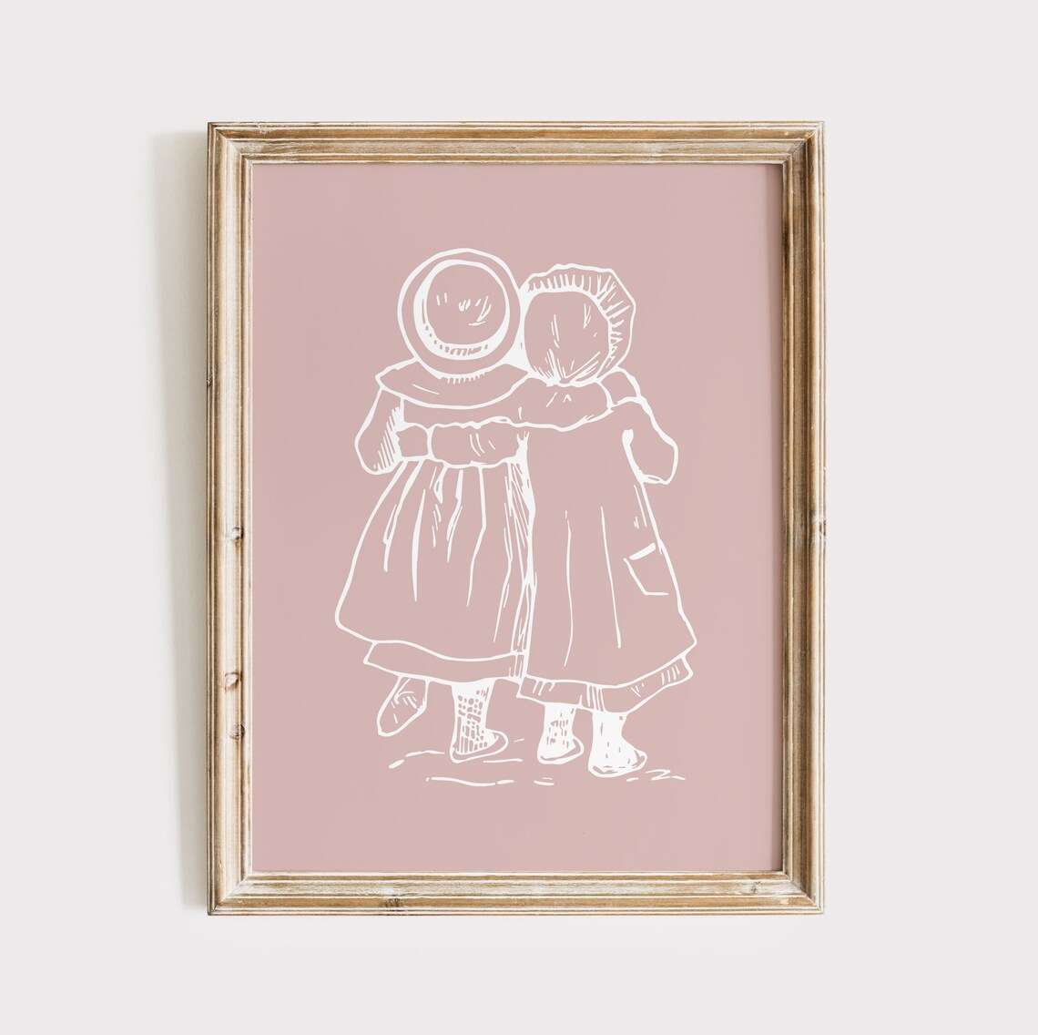Vintage Girls Hand in Hand Blush Pink Retro Holiday Art Poster