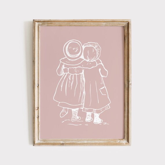 Vintage Girls Hand in Hand Blush Pink Retro Holiday Art Poster