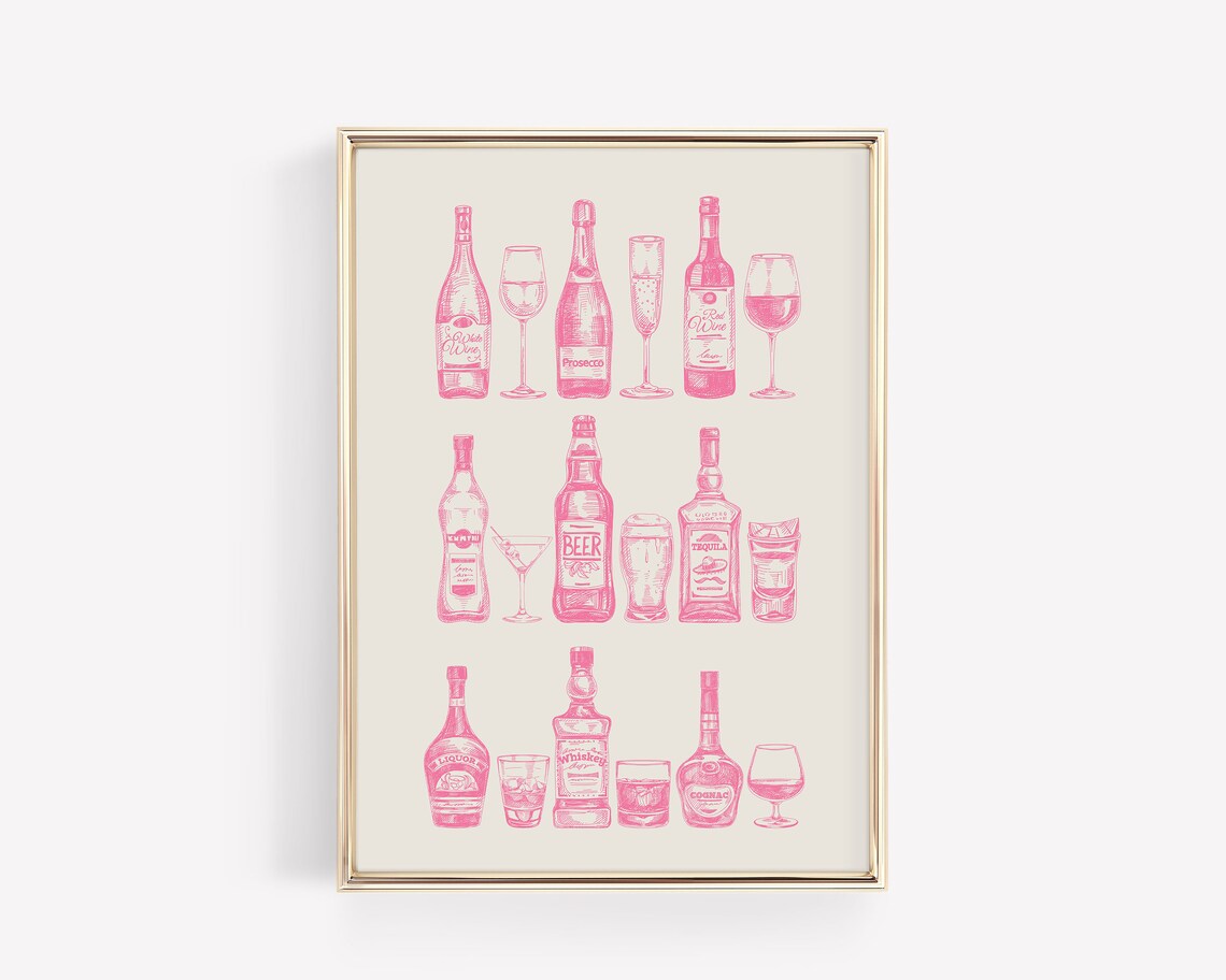 Pink Bar Cart Bottles And Glasses Trendy Home Bar Art Poster