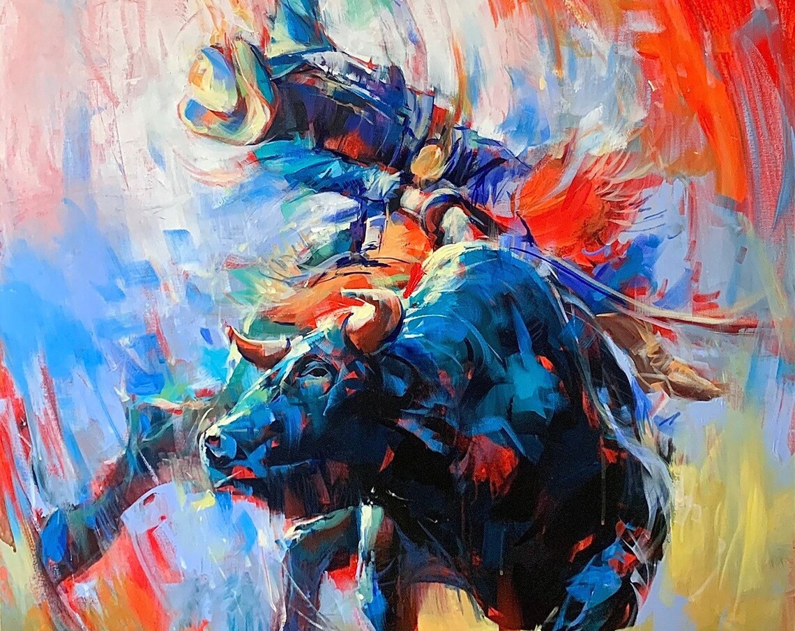Bull Riding Western Stampede Art Print, Rustic Farmhouse