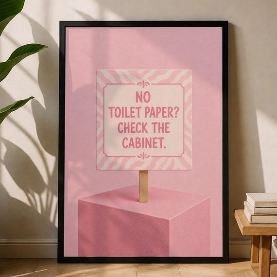 Pink Bathroom Sign Print Funny Toilet Paper Wall Art Decor