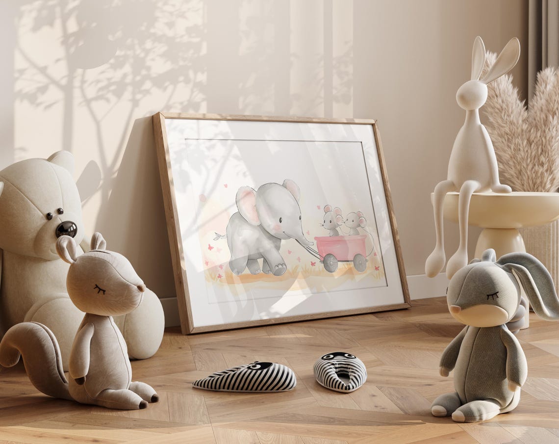 Baby Elephant Pulling Pink Wagon With Two Mice Nursery Poster - Image 4