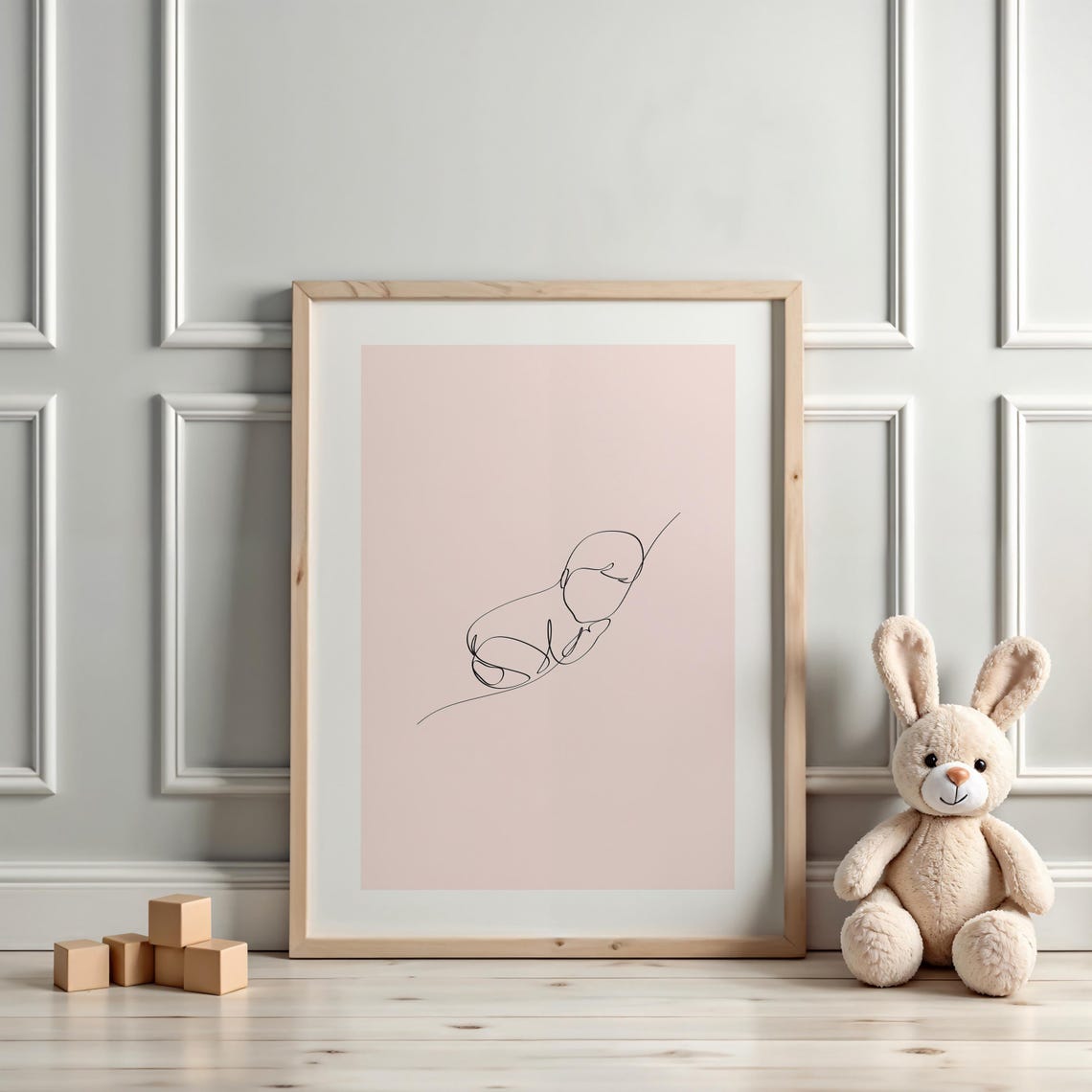 Sleeping Newborn Baby Single Line Art Pink Minimalist Nursery Poster - Image 3