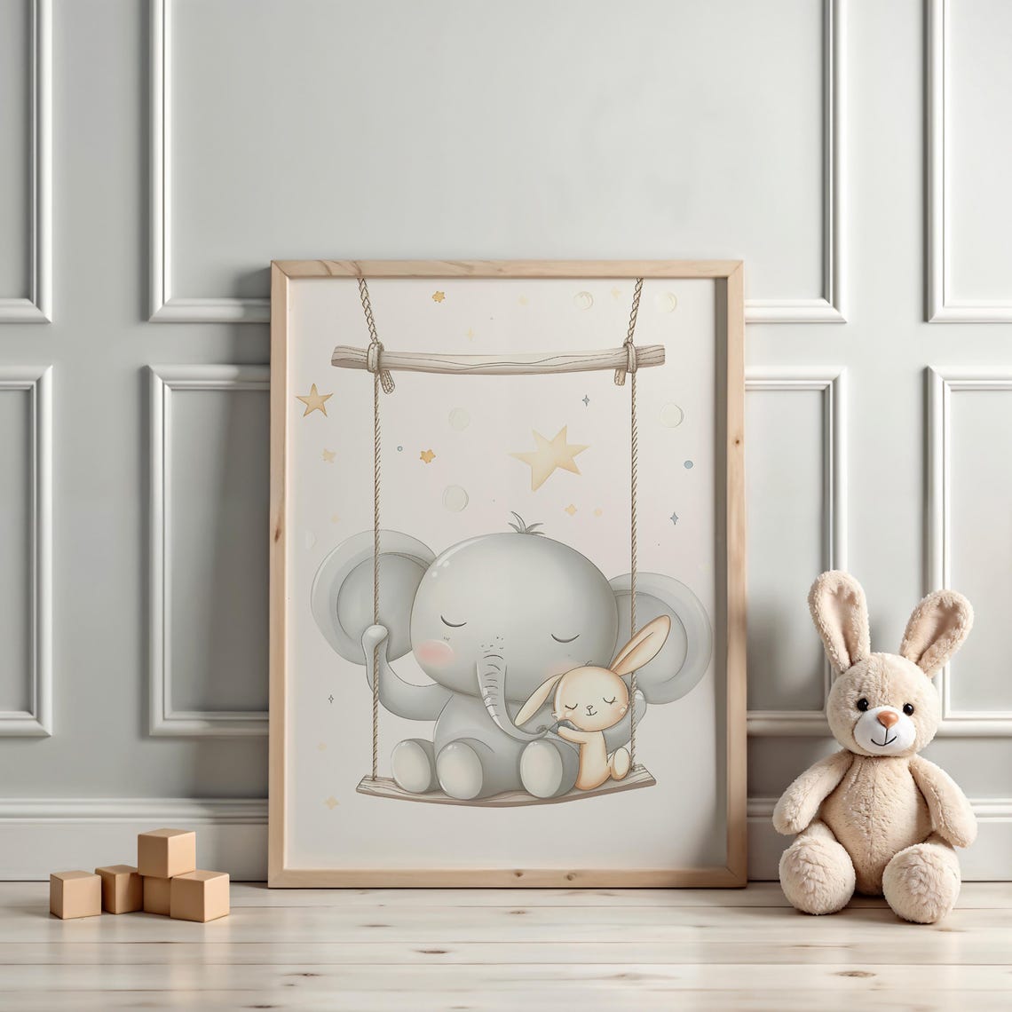 Sleeping Baby Elephant and Bunny Sharing a Wooden Swing Poster - Image 3