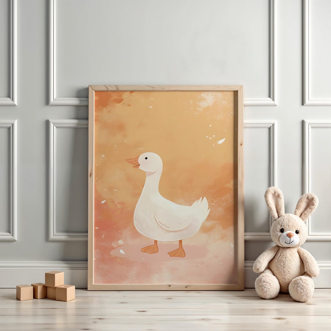 Cheerful White Duck Standing on a Warm Orange Watercolor Poster - Image 3