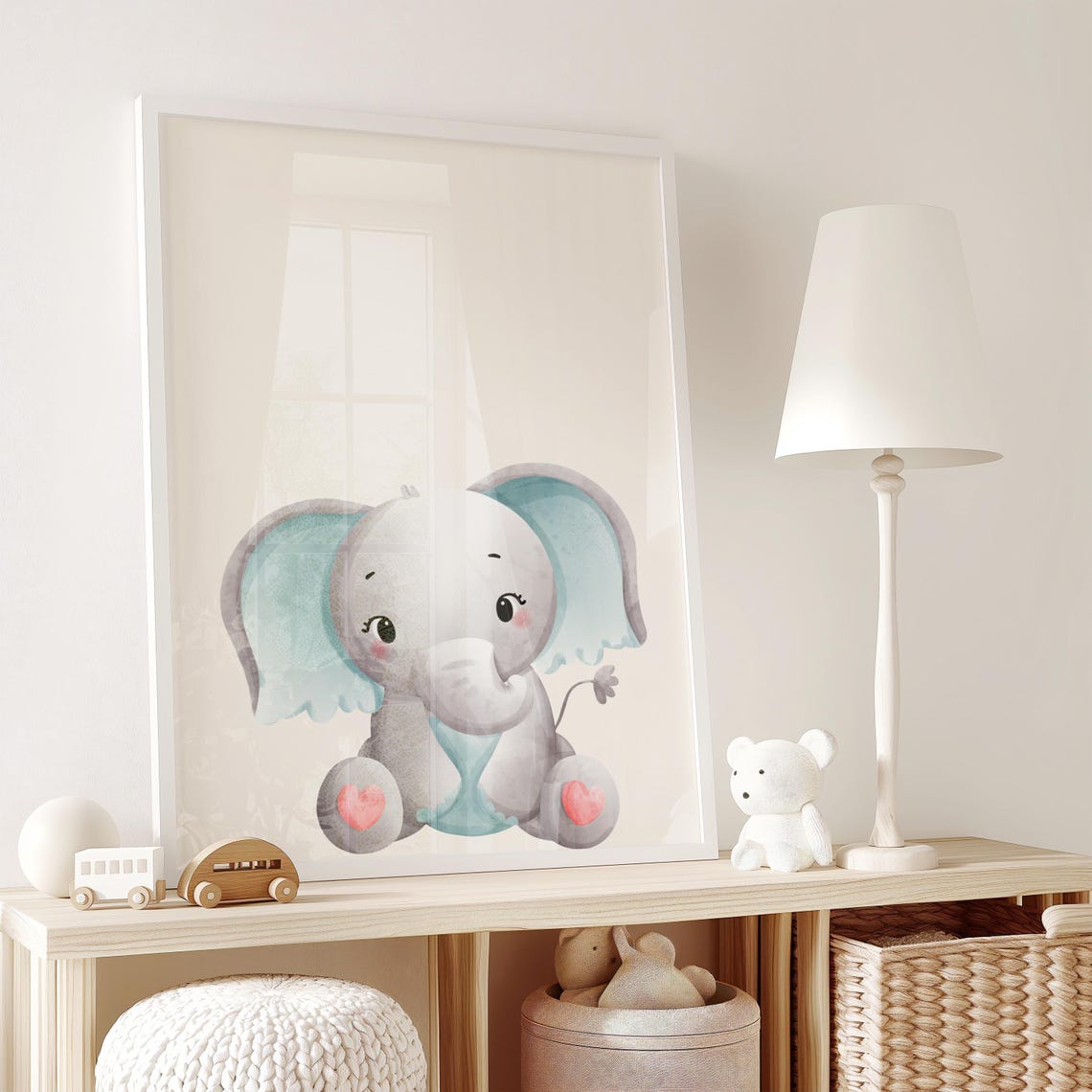 Cute Sitting Baby Elephant With Hearts Watercolor Nursery Poster - Image 2