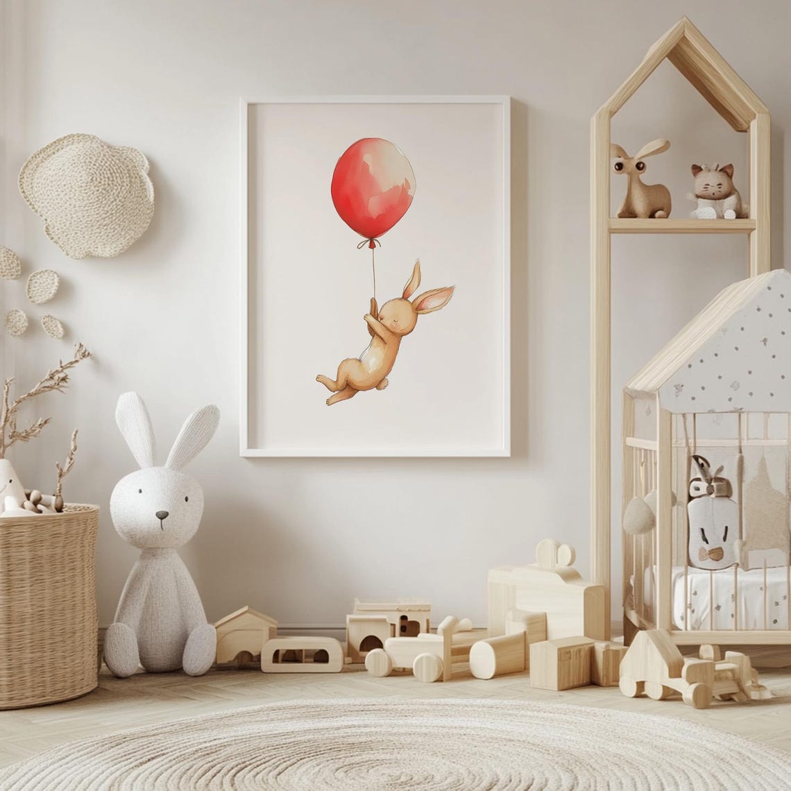 Tiny Watercolor Bunny Floating Away With a Red Balloon Poster - Image 4