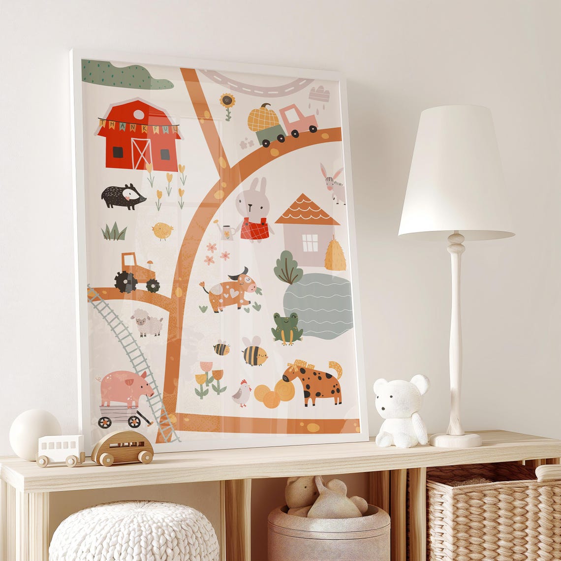 Whimsical Farm Animals Scene Map Educational Kids Room Wall Poster - Image 2