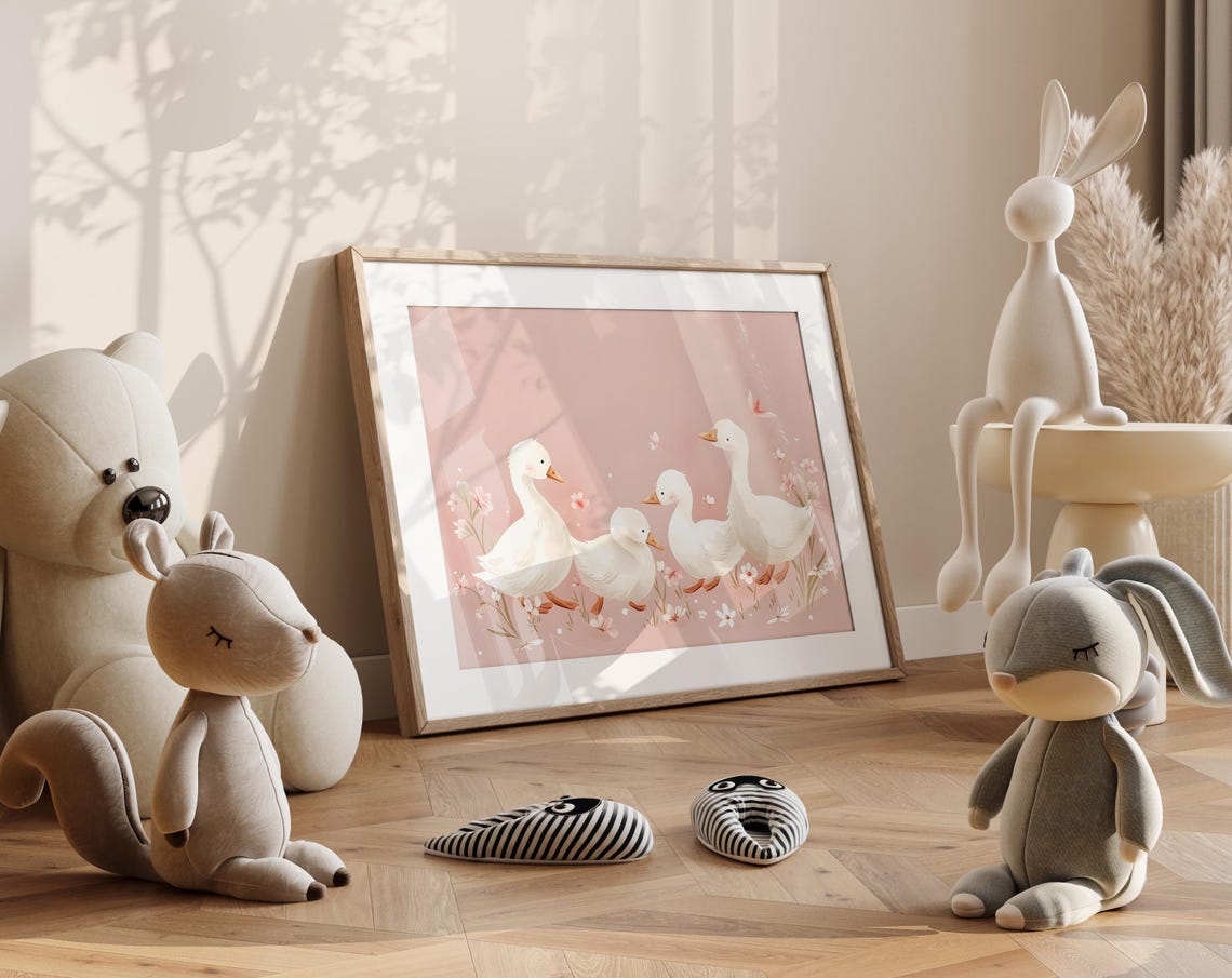 Quirky White Geese Strolling Through Blossoms on Blush Pink Poster - Image 4