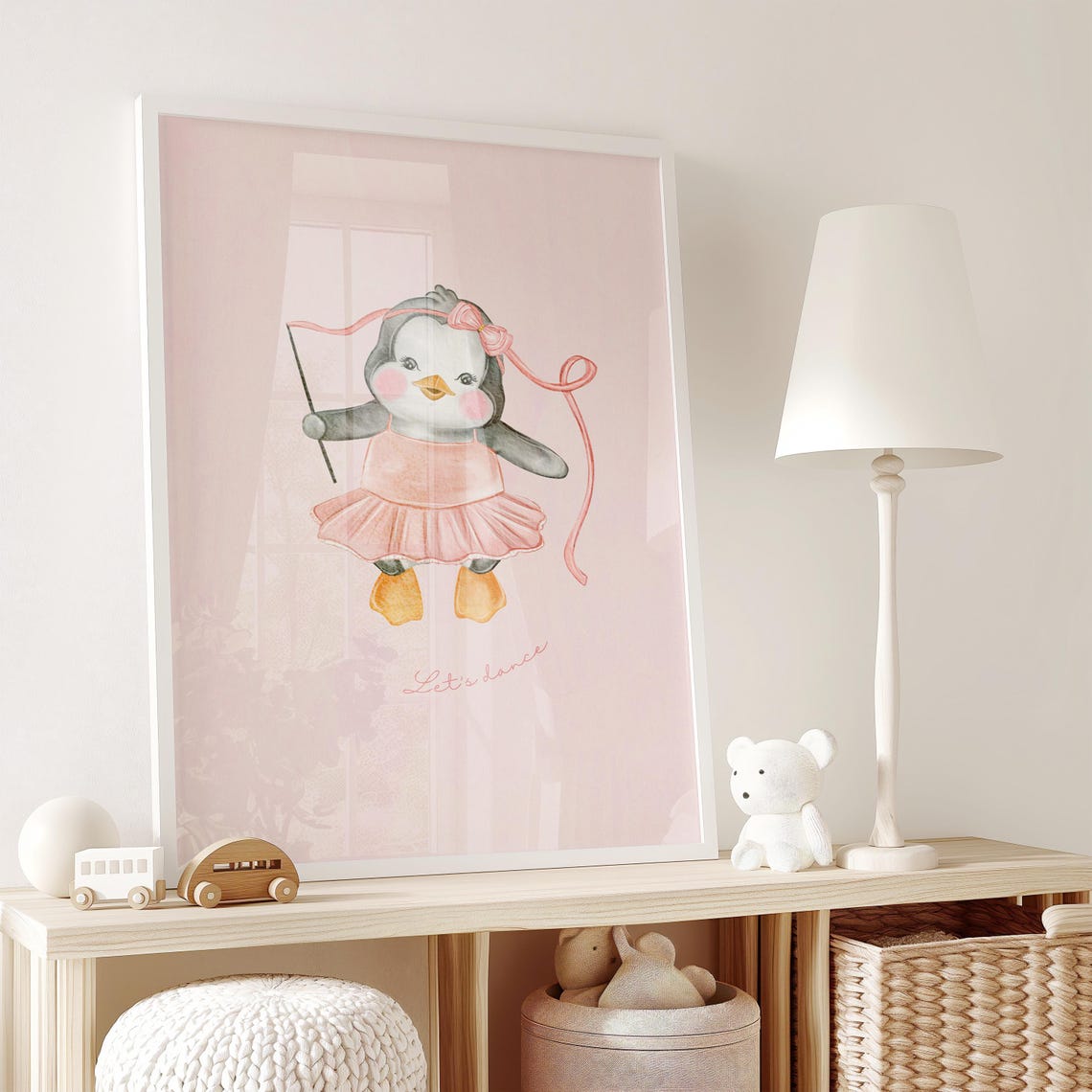 Let's Dance Penguin Ballerina Pink Tutu Watercolor Nursery Poster - Image 2