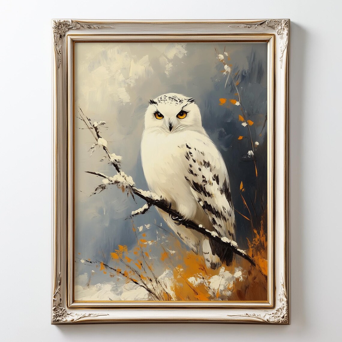 Snowy Owl Portrait Amber Eyes Winter Branch Wildlife Art Print