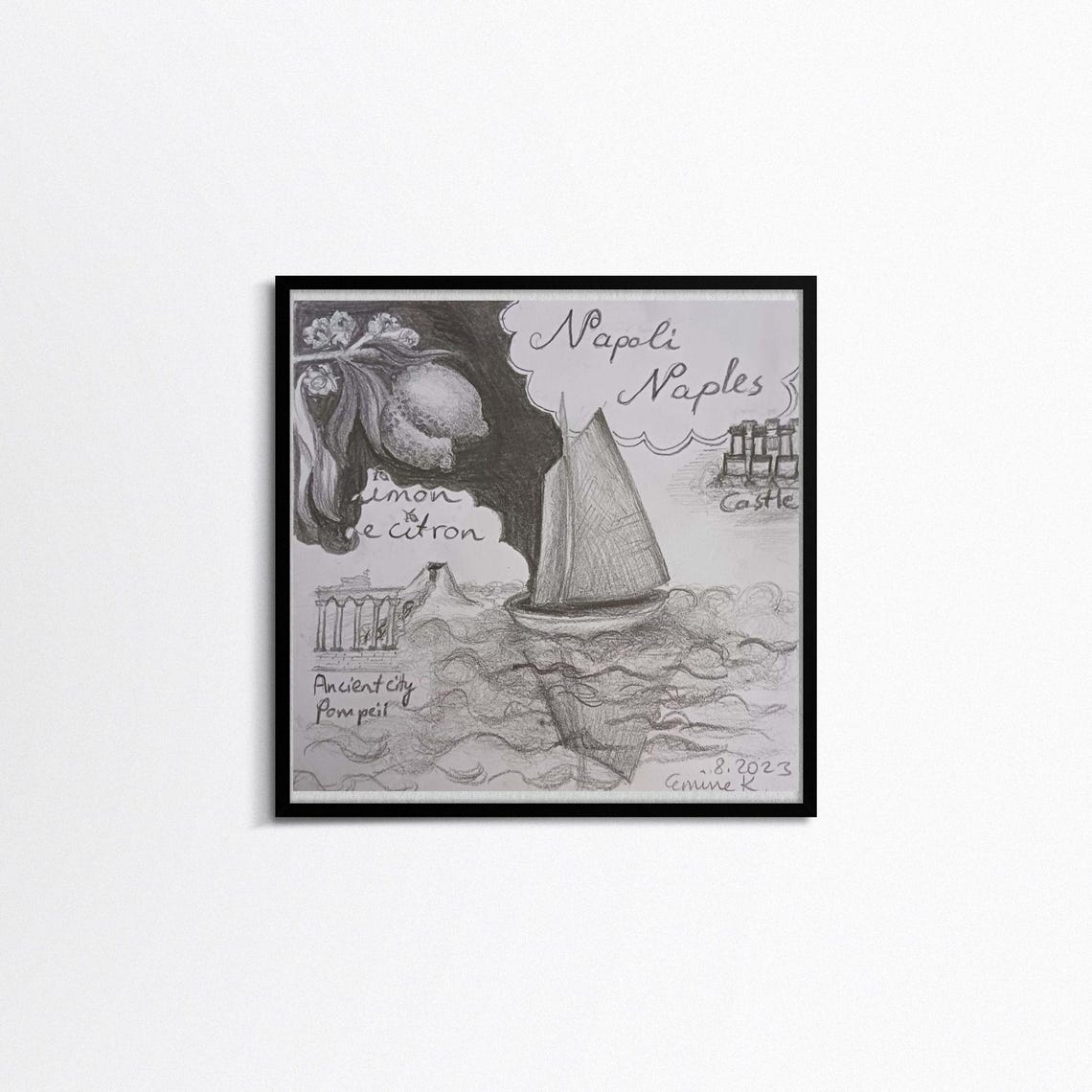Napoli Naples Charcoal Sketch Sailboat Pompeii Lemon Travel Poster - Image 3