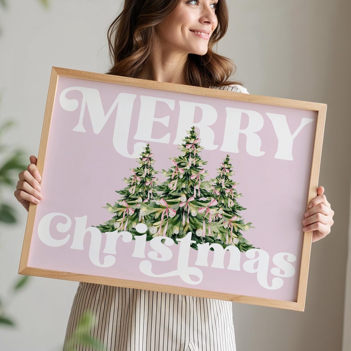Merry Christmas Pink Retro Lettering Tree Trio Holiday Art Print
