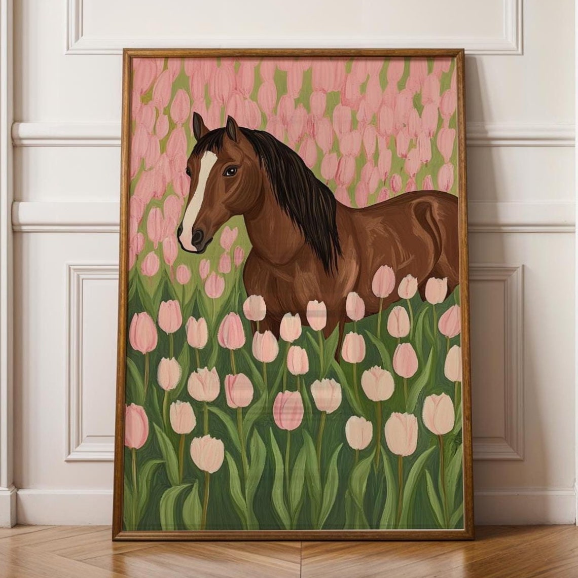 Floral Horse Art Print Horse In Pink Tulip Field Poster Farmhouse Horse And Floral Art Pink Tulip Wall Decor Pink Wall Art Horse
