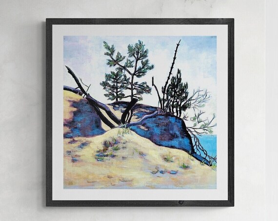 Coastal Sand Dunes With Pine Trees Vintage Watercolor Seascape Poster
