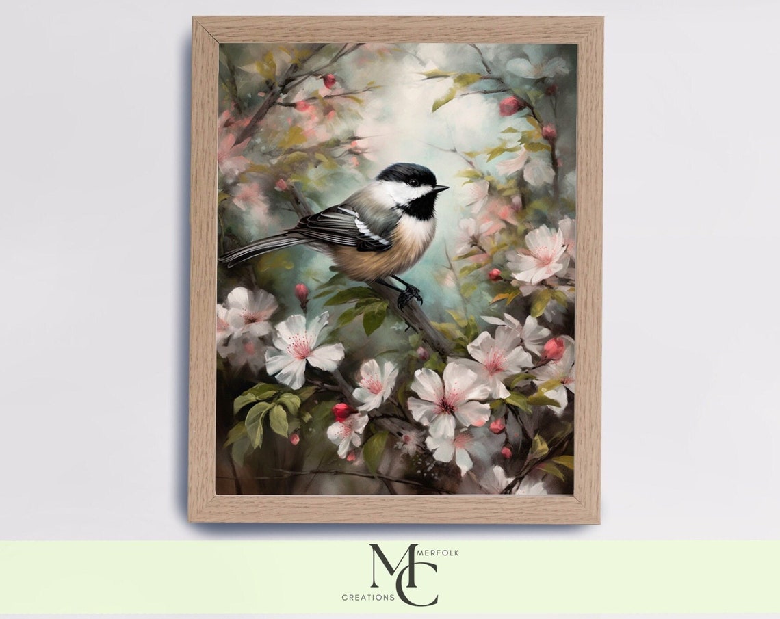 Chickadee Resting in Blooming White Branches Classic Bird Art Poster